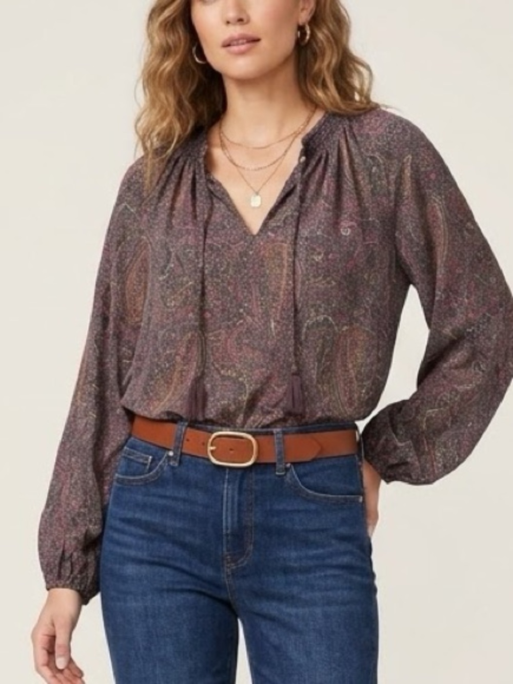 Evereve Smocked Neckline Long sleeve Peasant Top Pink Gray Paisley Size Small